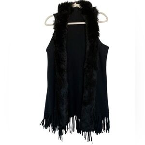 Black Fur Trim Fringe Vest Long Cozy No Clasp One Size